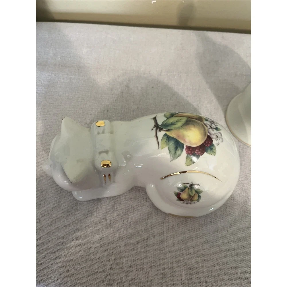 Sleeping Cat Porcelain Figurine & Bell (Formalities) Fruit Motif with Gold